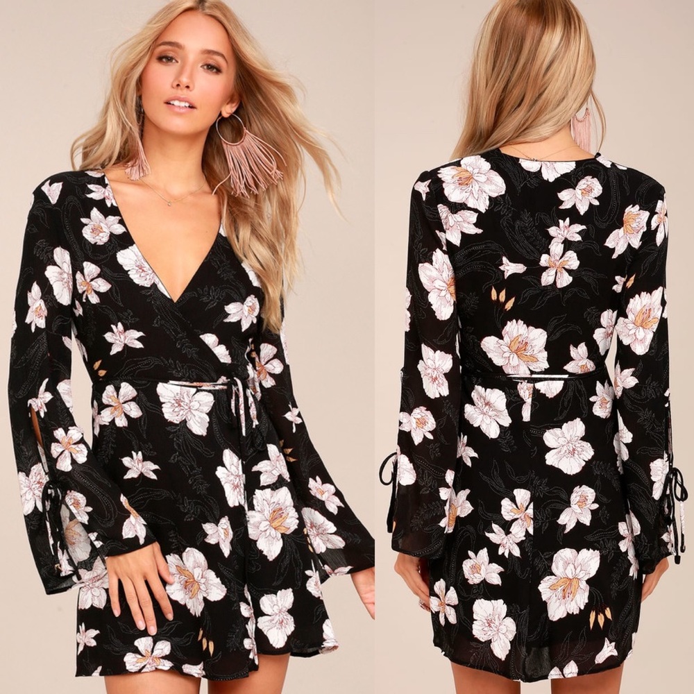 Lulus Black Floral Long Sleeve Wrap LBD Dress